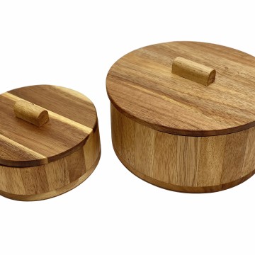 Acacia Wood Round Lidded Utility Boxes - 2 Piece Set
